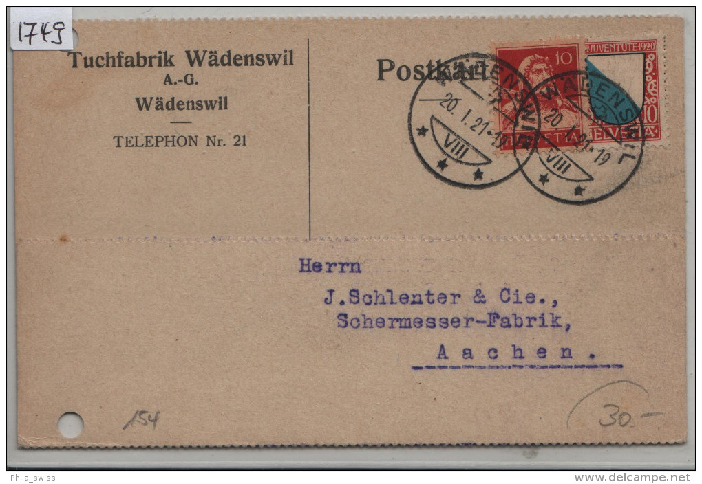 Pro Juventute 1920 J16 154 Zürich + Tellbrustbild - Karte Von Wädenswil Nach Aachen - Tuchfabrik Wädenswil AG - Lettres & Documents