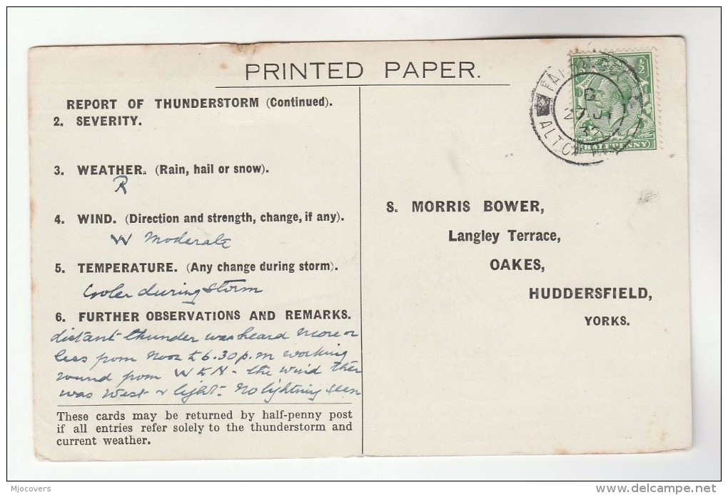 1932 FARINGDON ALTON Cds Pmk COVER Postcard METEOROLOGY Report  WEATHER STATION Re THUNDERSTORM Gb Gv Stamps - Climate & Meteorology