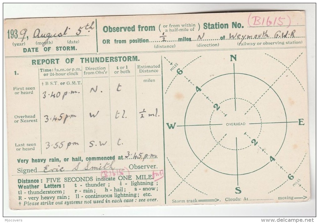1939 LUDGERSHALL Cds THUNDERSTORM Nr WEYMOUTH RAILWAY COVER Postcard METEOROLOGY Report WEATHER STATION  Gb Stamp Train - Covers & Documents