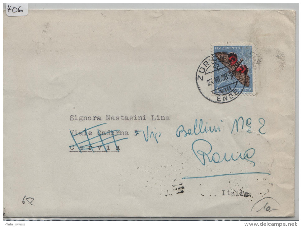 1957 Pro Juventute J172 652 - Stempel: Zürich Enge Nach Roma Via Carvia - Lettres & Documents