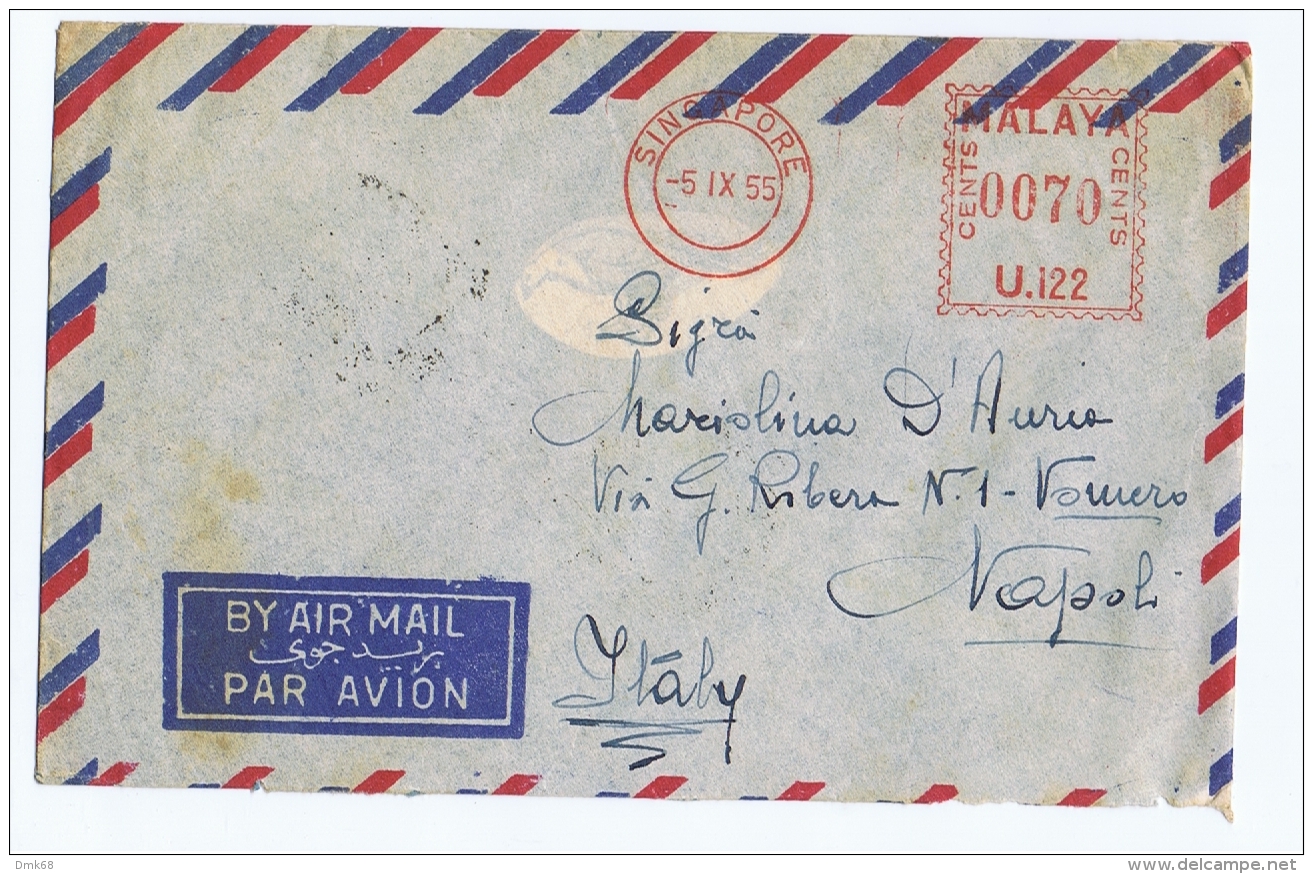 SINGAPORE - MALAYA - AIR MAIL TO ITALY - RED POSTMARK - 1955 - Singapour (1959-...)