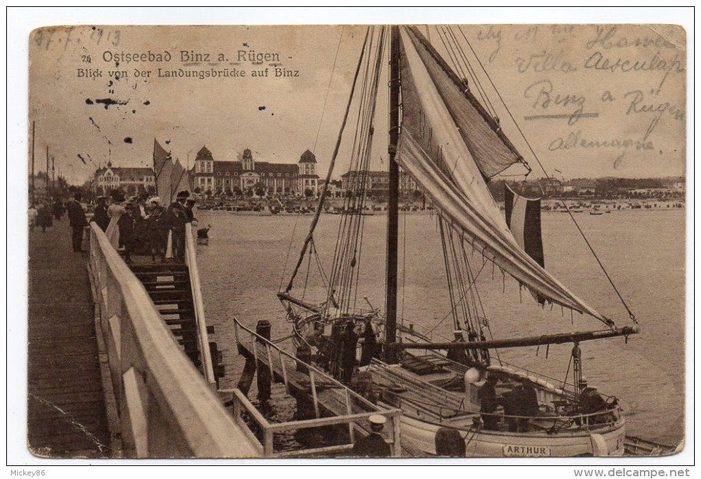 Allemagne--BINZ A RUGEN--1913--Blick Von Der Landungsbrucke Auf Binz (très Animée,bateau Voilier "Arthur")-cachet BINZ - Autres & Non Classés