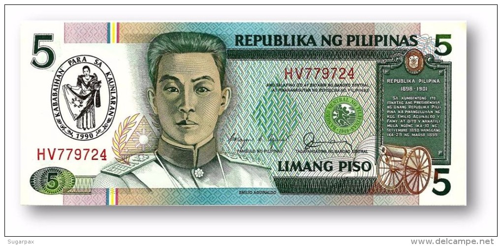 PHILIPPINES - 5 Piso 1990 Commemorative Pick 178.b Unc. RED Serial # Sign. 11 Serie HV Seal Type 4 - Emilio Aguinaldo - Philippines