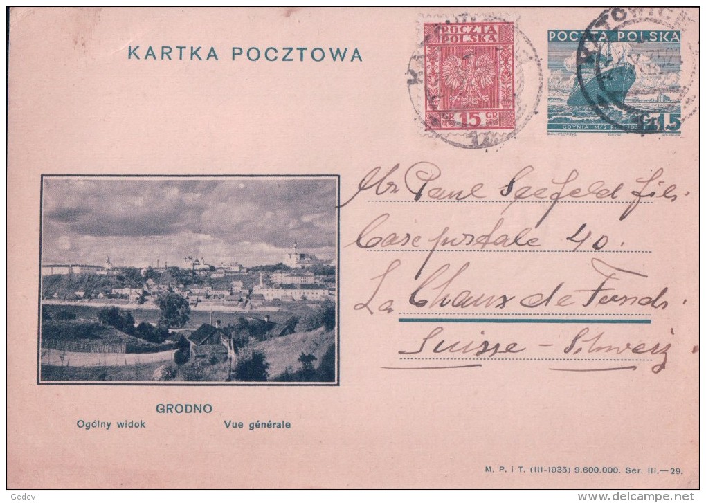 Pologne, Entier Postal Illustré Grodno + Timbres, Katowice - La Chaux-de-Fonds Suisse (24.10.35) - Ganzsachen