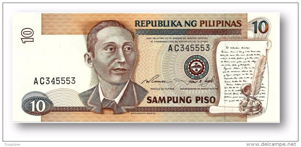 PHILIPPINES - 10 Piso ND ( 1995-97 ) Pick 181.b Unc. BLACK Serial # Sign. 14 Serie AC Seal Type 5 - Apolinario Mabini - Philippines