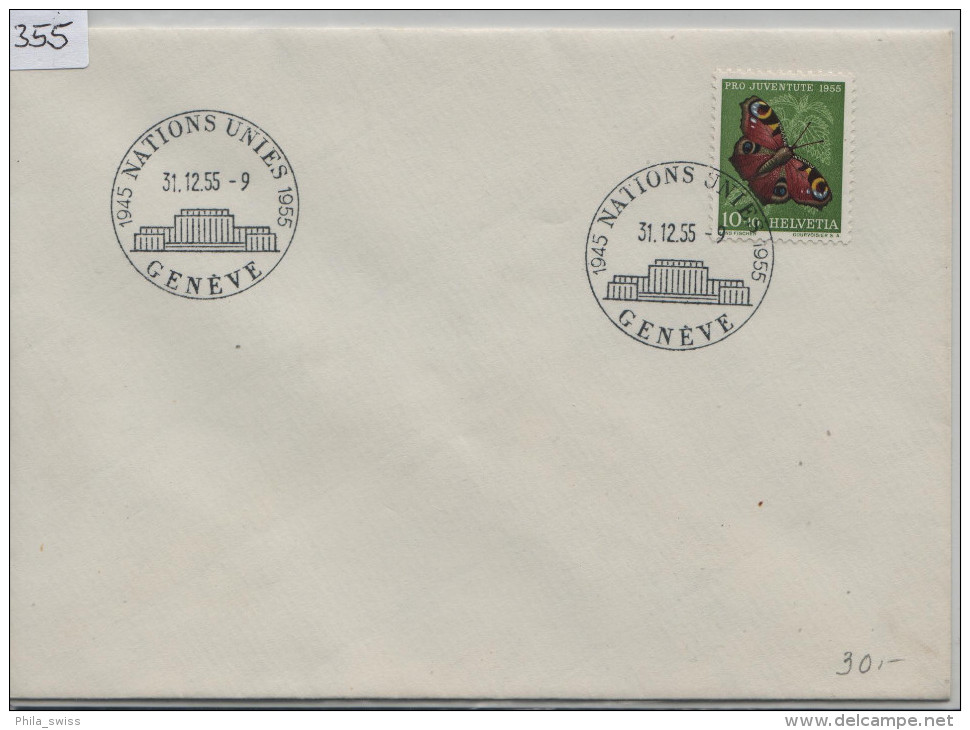 1955 Pro Juventute Tagpfauenauge J159 619 Stempel: Nations Unies Geneve 1945-1955 - Lettres & Documents