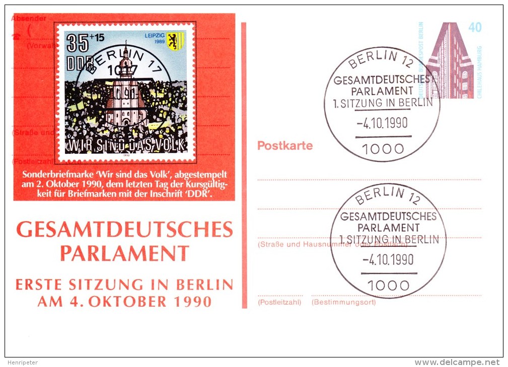 Entier Postal 816 (Michel) Sur Postkarte Gesamtdeutsches Parlament Erste Sitzung In Berlin  - Allemagne Berlin 1990 - Postcards - Used