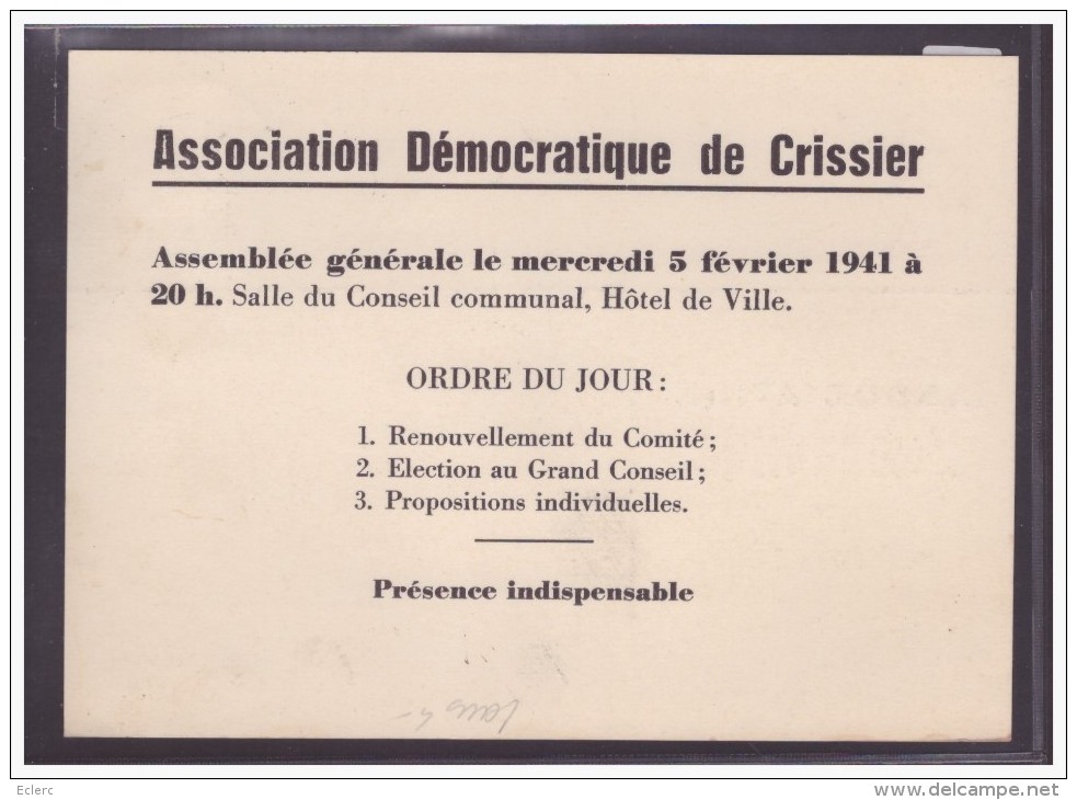 FORMAT 10x15 Cm - DISTRICT DE LAUSANNE - ASSOCIATION DEMOCRATIQUE DE CRISSIER - TB - Crissier