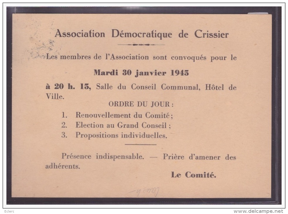 FORMAT 10x15 Cm - DISTRICT DE LAUSANNE - ASSOCIATION DEMOCRATIQUE DE CRISSIER - TB - Crissier