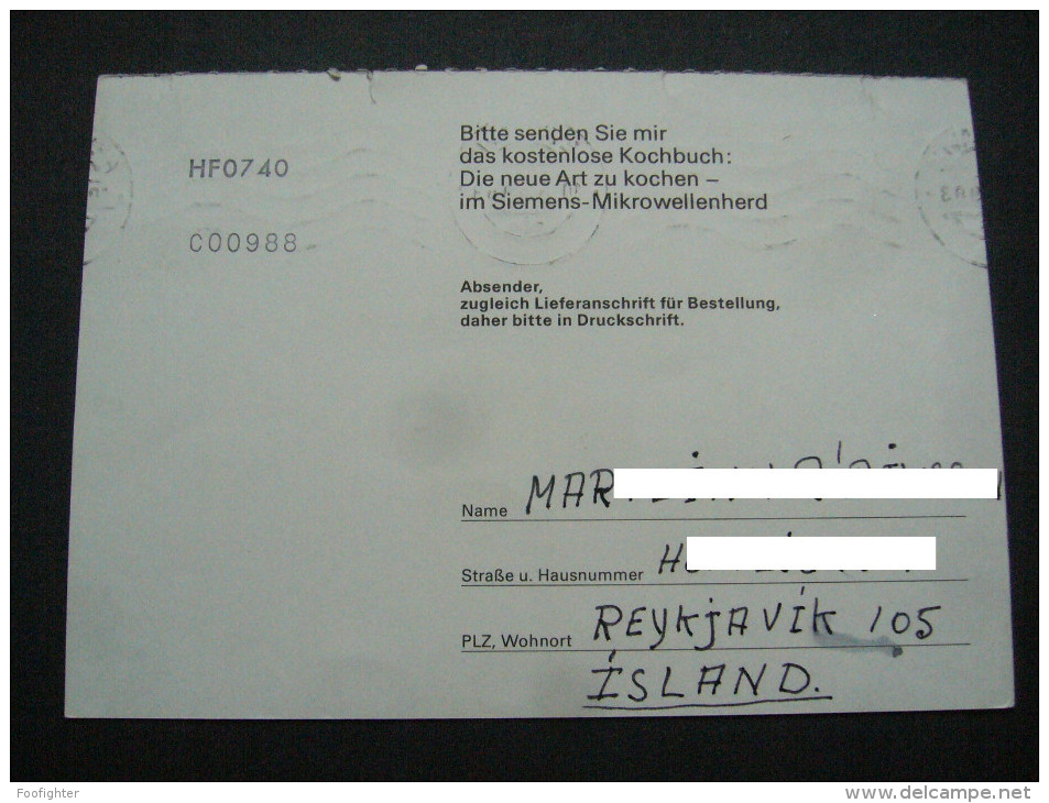 Isalnd: Postcard Reykjavik 1983 - 400 Eyrir - Antwort Drucksache Seiemens AG, Fürth, Germany - Brieven En Documenten