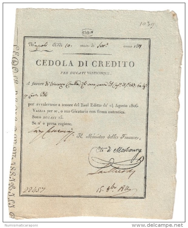 Cedola Di Credito 1806 Periodo Napoleonico 25 Ducati ( Lotto 1391 ) - Sonstige & Ohne Zuordnung