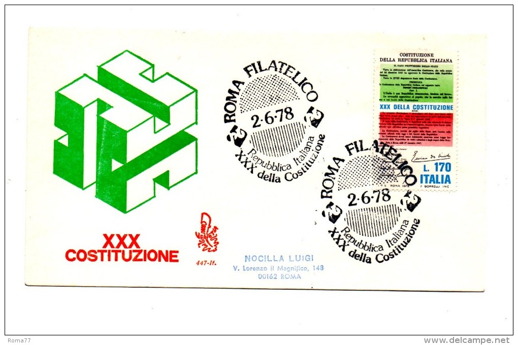 VZ359 - ITALIA FDC 1978 (Ed.Venetia)  : XXX COSTITUZIONE Viaggiata Con Annullo D´arrivo - FDC