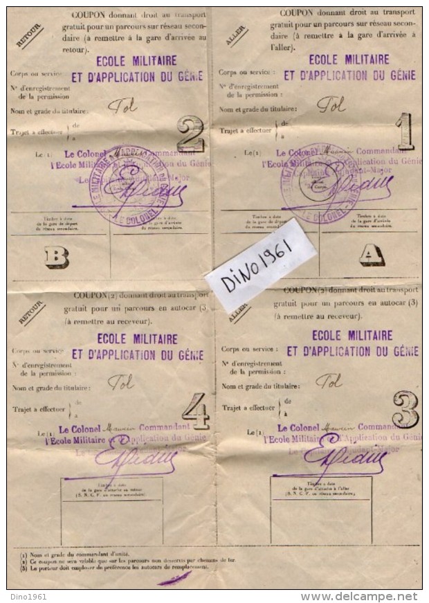 VP5481 - Ecole Militaire & D'Application Du Génie à VERSAILLES - Permission Aspirant FOL - GUERIGNY Via NEVERS Par Train - Documenti