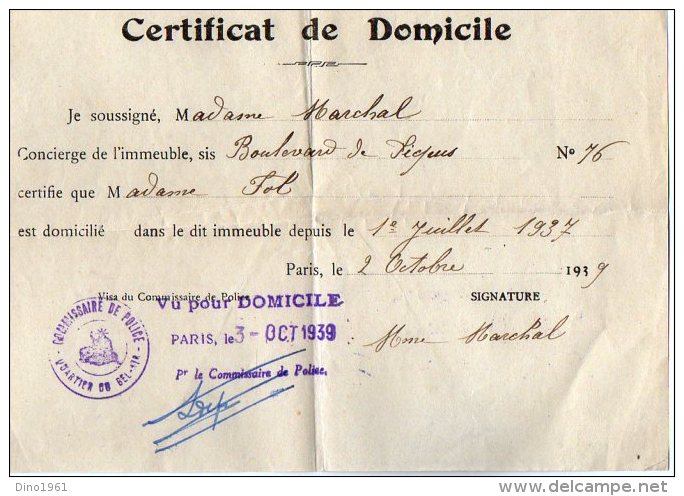 VP5482 - Guerre 39 / 45 -  Police Certificat De Domicile FOL PARIS Rue De Picpus - Policia