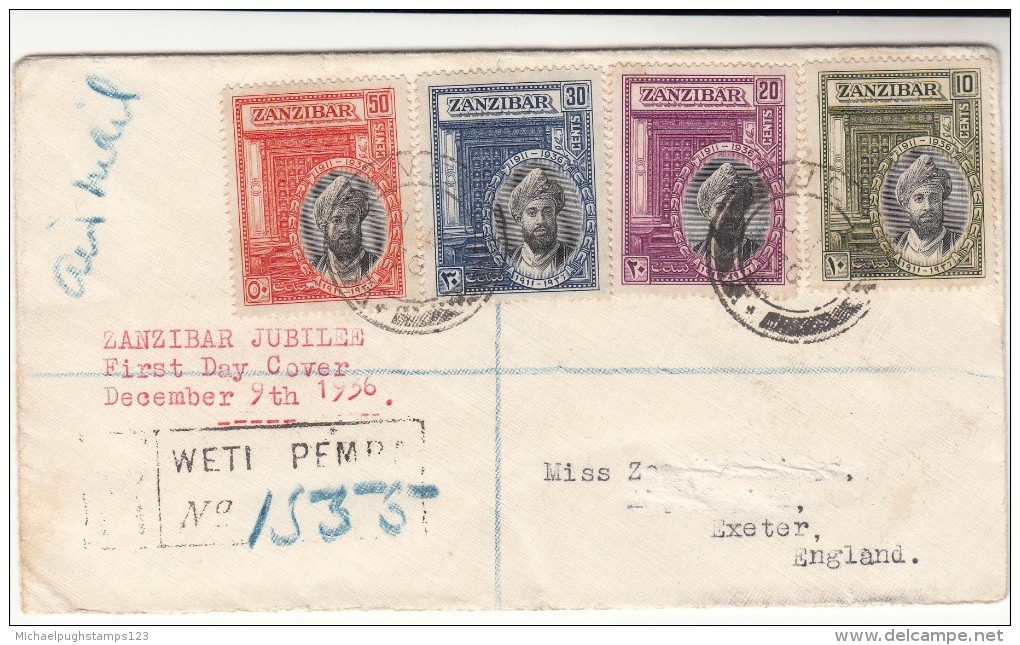 Zanzibar  / Airmail / 1936 Silver Jubilee / Postmarks / G.B. / Devon - Zanzibar (...-1963)