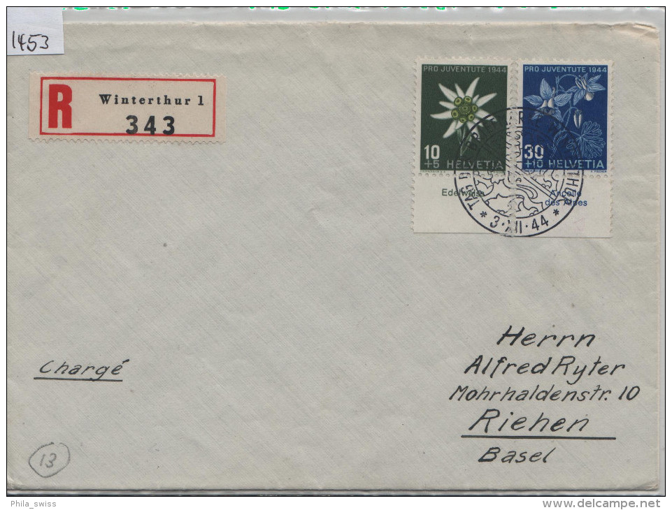 1944 Pro Juventute J110, J112 440, 442 Tabs - Stempel: Tag Der Briefmarke Winterthur Recommande Nach Riehen - Lettres & Documents