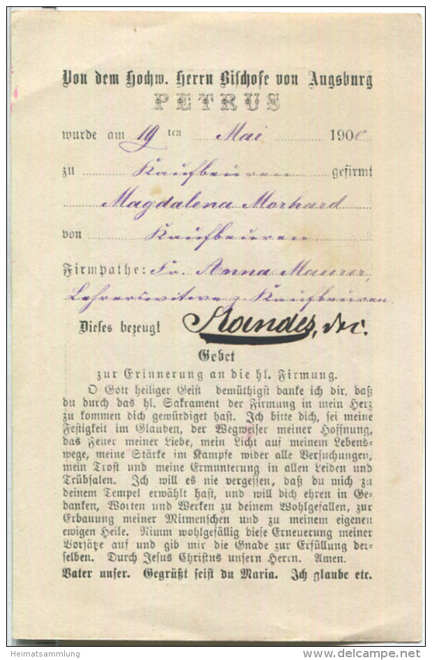 Zur Erinnerung An Die Heilige Firmung - Von Magdalena Morhard Kaufbeuren Am 19. Mai 1900 Durch Bischof Petrus - Kaufbeuren