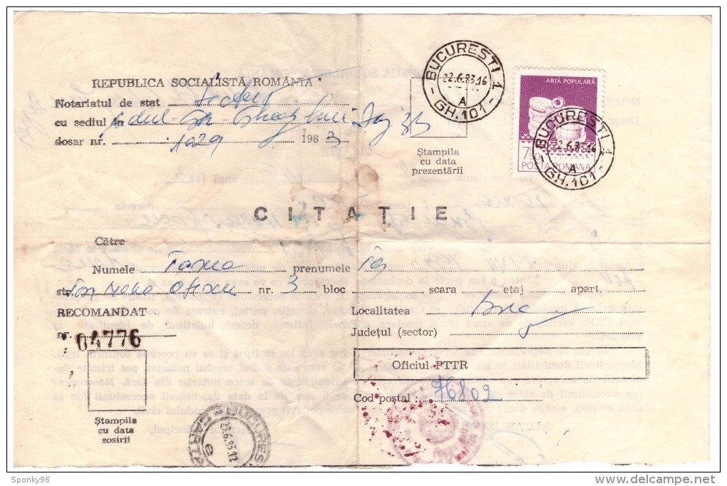 STORIA POSTALE - ROMANIA - POSTA ROMANA - ANNO 1983 - BUCARESTI - BUCAREST - CITATIE - RACCOMANDATA N° 04776 - - Postmark Collection