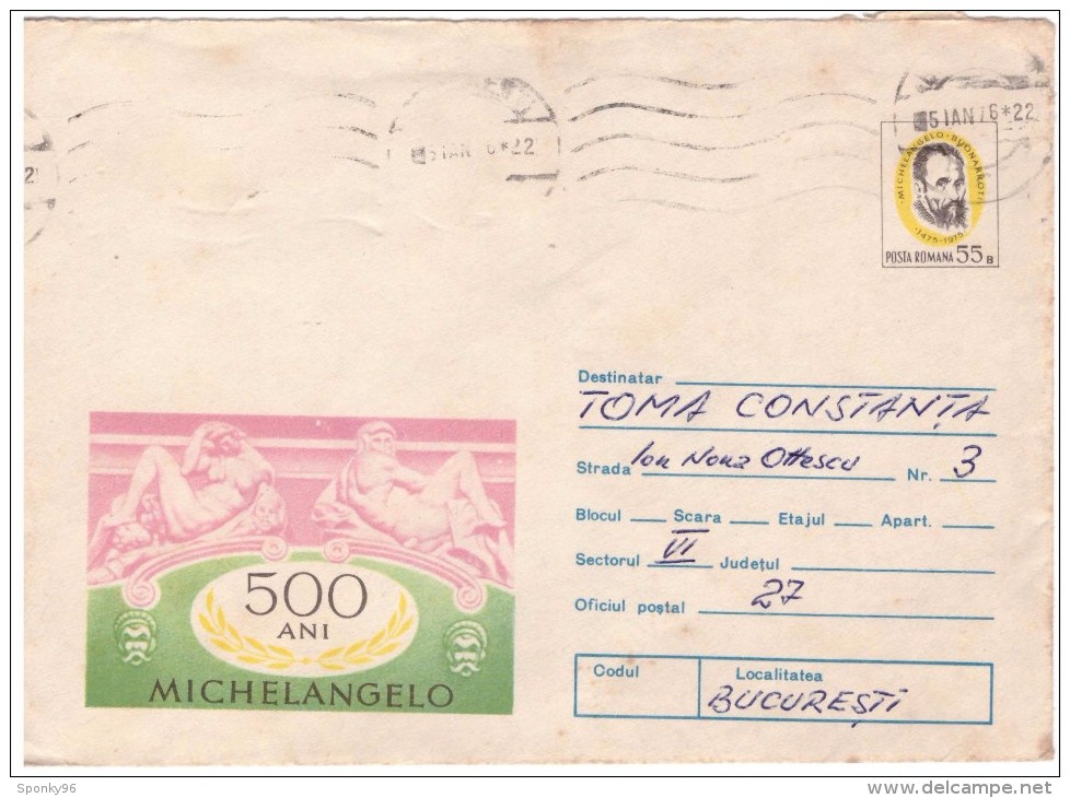 STORIA POSTALE - ROMANIA - POSTA ROMANA - ANNO 1976 - 500 ANI DI MICHELANGELO - PER TOMA CONSTANTINA - BUCARESTI - - Poststempel (Marcophilie)