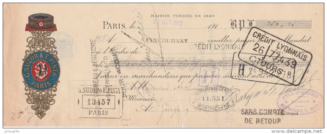 Lettre Change 21/10/1912 SUZOR & PINTA Fil Du Patriote PARIS Pour St Georges Sur Cher Loir Et Cher - Lettres De Change