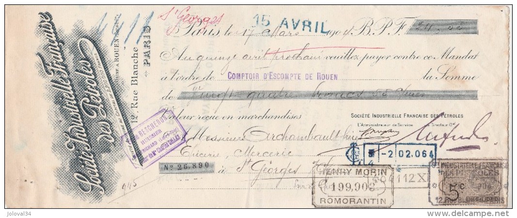 Lettre Change 17/3/1904 Société Industrielle Française Des Pétroles Rue Blanche PARIS  St Georges Sur Cher Loir Et Cher - Lettres De Change