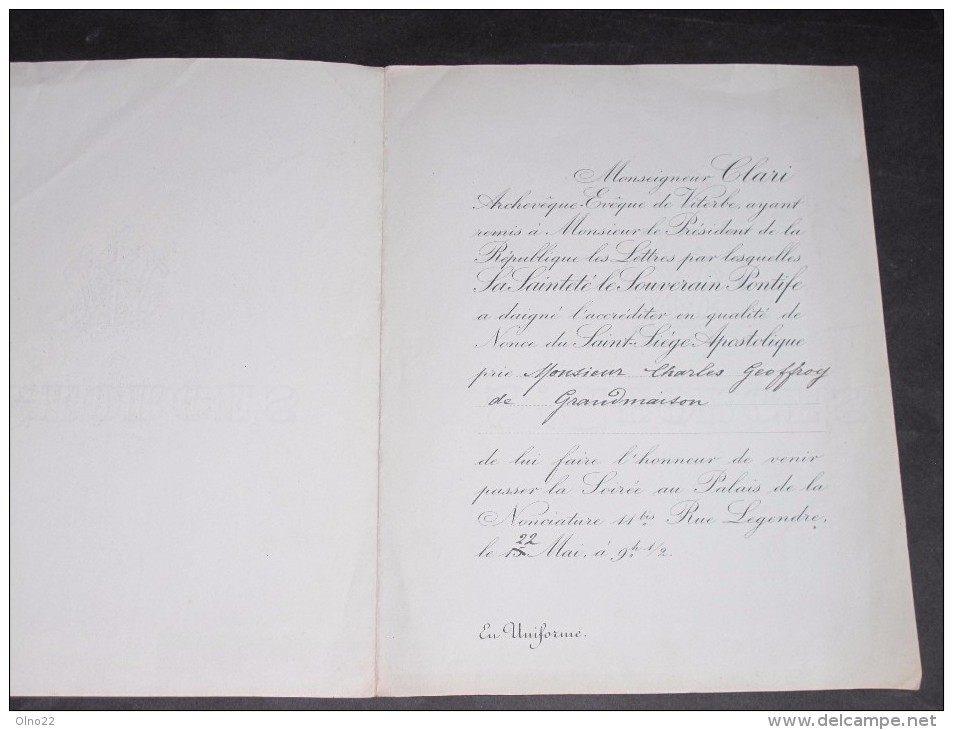 PARIS Entre 1893 Et 1899-Invitation De Mons. CLARI Archevêq. De Viterbe,Nonce Du Saint Siege,adressée à M.de Grandmaison - Non Classés