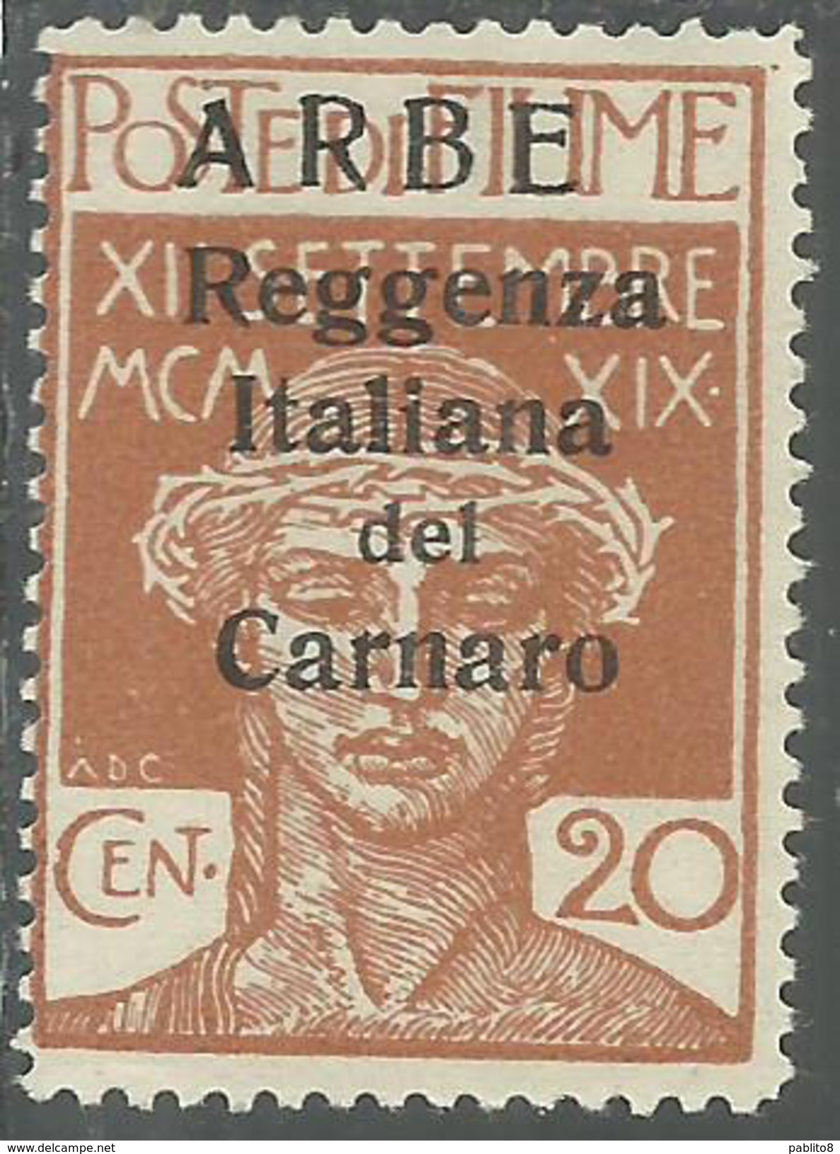 ARBE 1920 REGGENZA ITALIAN DEL CARNARO OVERPRINTED SOPRASTAMPA MODIFICATA SURCHARGE 20 CENT. MNH - Arbe & Veglia