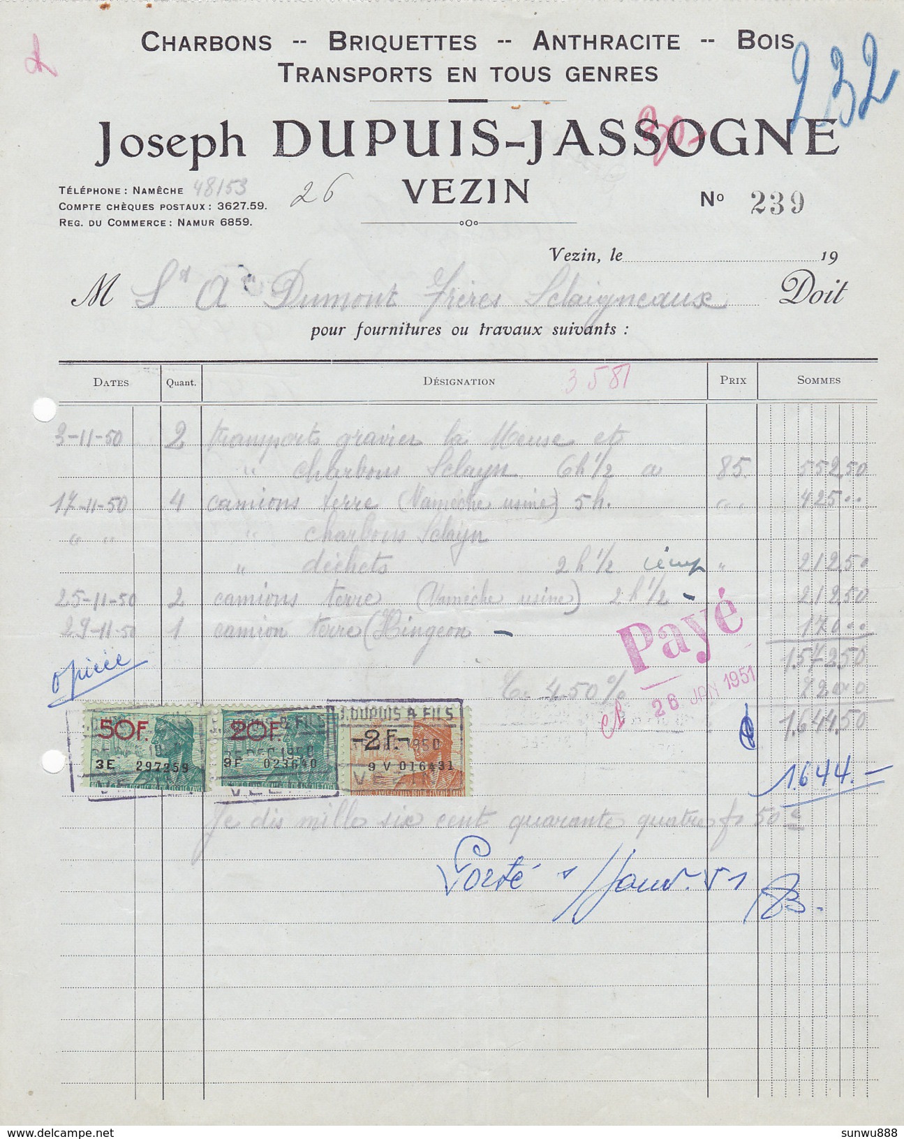 Vezin - Charbons Briquettes Anthracite Bois Joseph Dupuis-Jassogne (1950, Timbres Fiscaux) - 1900 – 1949