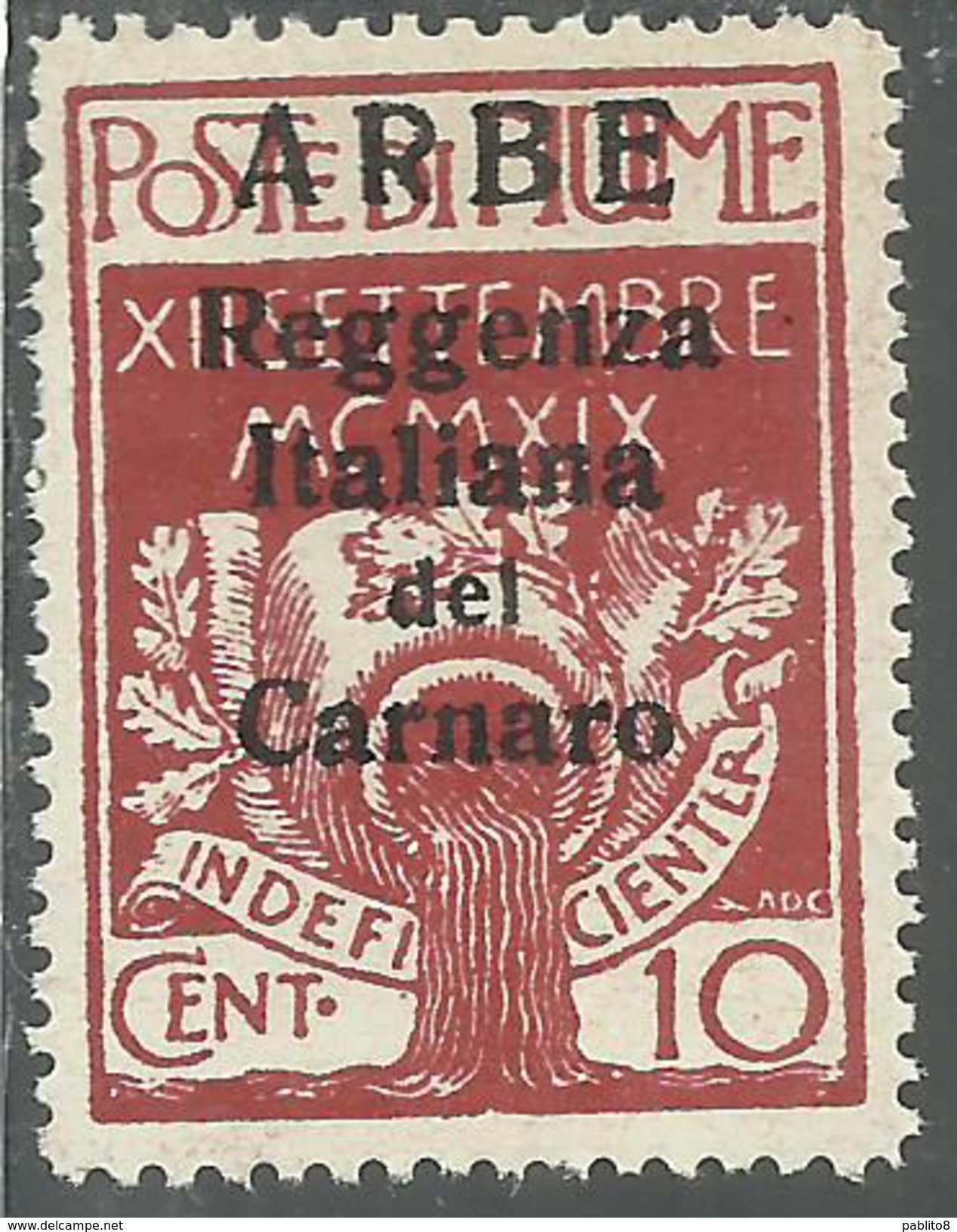 ARBE 1920 REGGENZA ITALIANA DEL CARNARO SOPRASTAMPATO OVERPRINTEDE CENT. 10 10C MNH - Arbe & Veglia