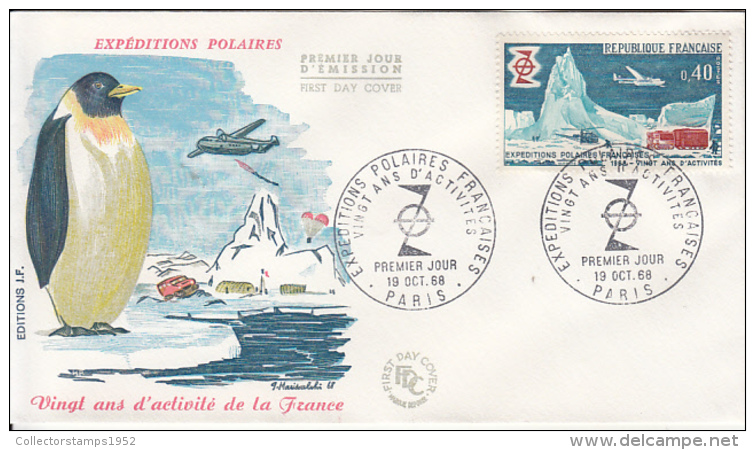 48895- FRENCH ANTARCTIC EXPEDITIONS, PLANE, PENGUINS, BASE, COVER FDC, 1968, FRANCE - Antarctische Expedities