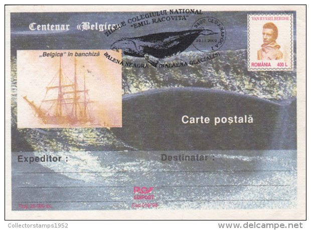 48902- BELGICA ANTARCTIC EXPEDITION, VAN RYSSEL BERGHE, SHIP, WHALE, POSTCARD STATIONERY, 2002, ROMANIA - Antarctische Expedities