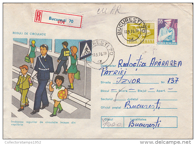 48917- TRAFFIC RULES, POLICE OFFICER, REGISTERED COVER STATIONERY, 1976, ROMANIA - Police - Gendarmerie
