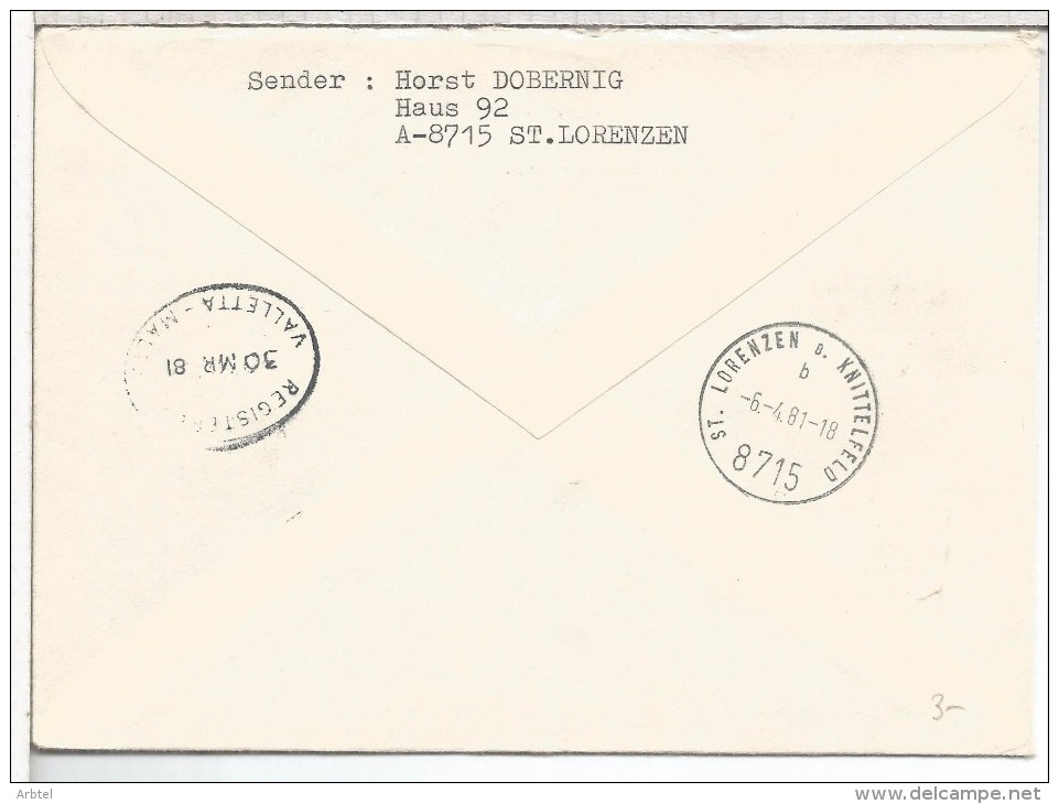 NACIONES UNIDAS WIEN CC CERTIFICADA 1981 VUELO WIEN MALTA AL DORSO LLEGADA - Otros & Sin Clasificación