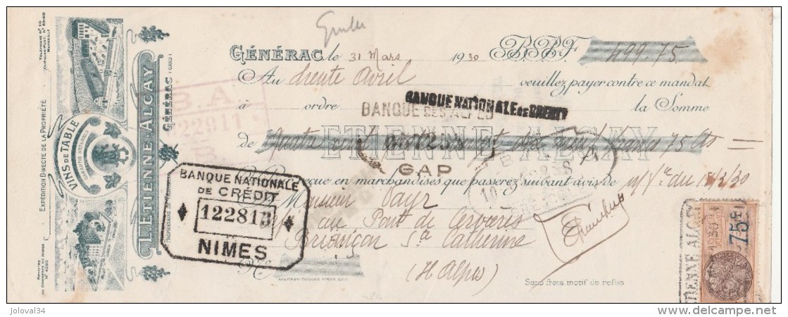 Lettre Change 31/3/1930 ETIENNE ALCAY Vins GENERAC Gard Pour Briançon Ste Catherine Hautes Alpes - Lettres De Change