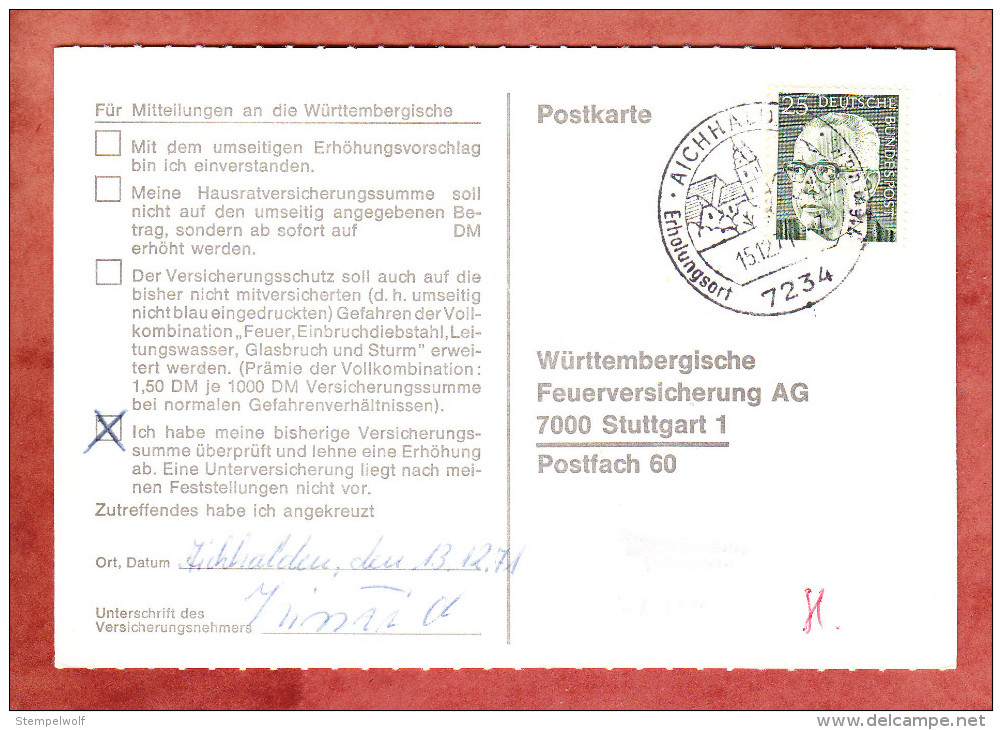 Karte, EF Heinemann, Aichhalden Nach Stuttgart 1971 (32262) - Lettres & Documents