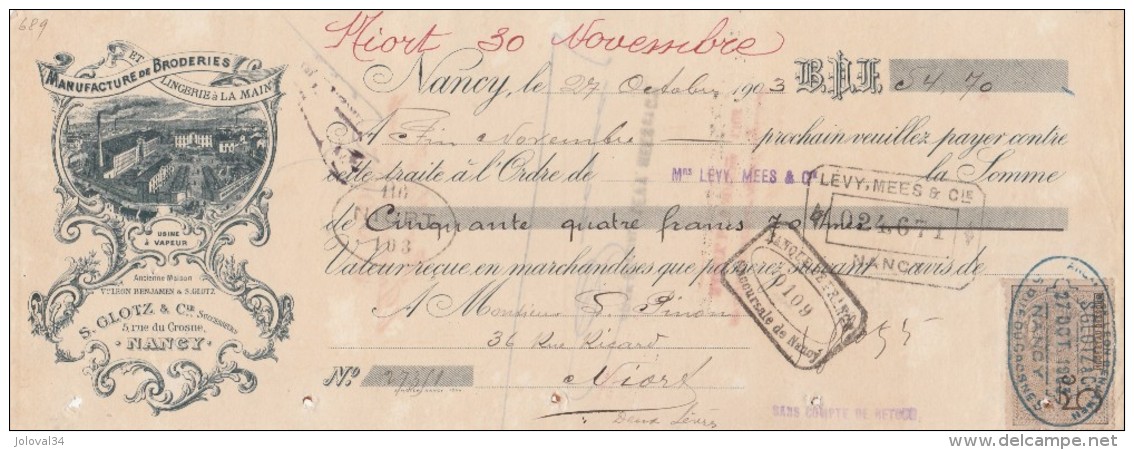 Lettre Change 27/10/1903 S GLOTZ Broderies NANCY Meurthe Et Moselle Pour Niort - Lettres De Change