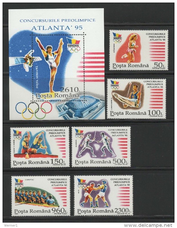 Romania 1995 Olympic Games Atlanta, Space, Rowing, Fencing Etc. Set Of 6 + S/s MNH - Zomer 1996: Atlanta