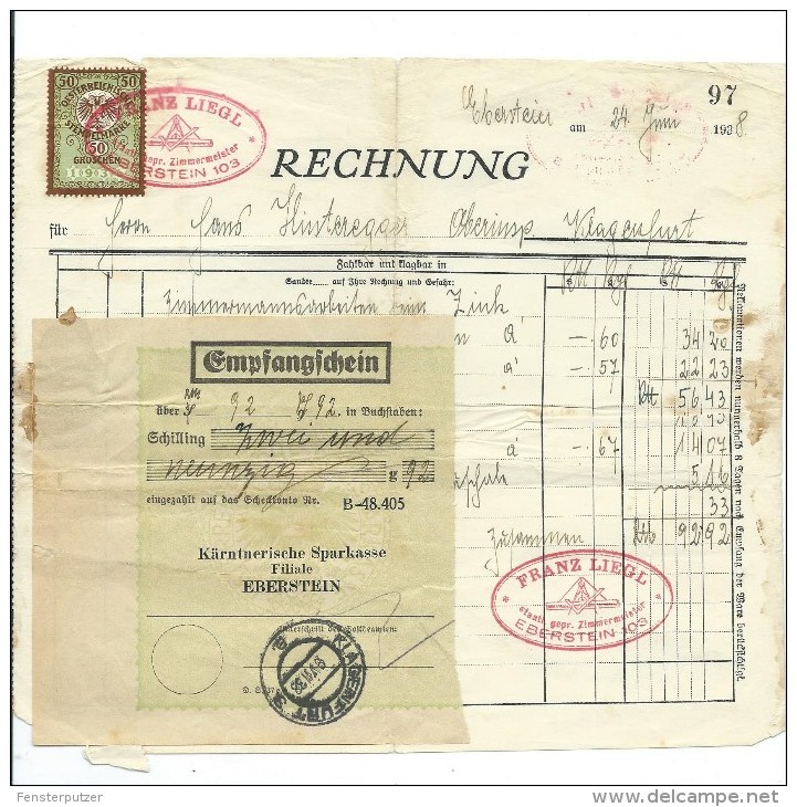 1 Rechnung über RM 92,92 - Eberstein, 24.6.1938 Mit Aufgeklebter Stempelmarke 50 Groschen Aus 1936 - Österreich