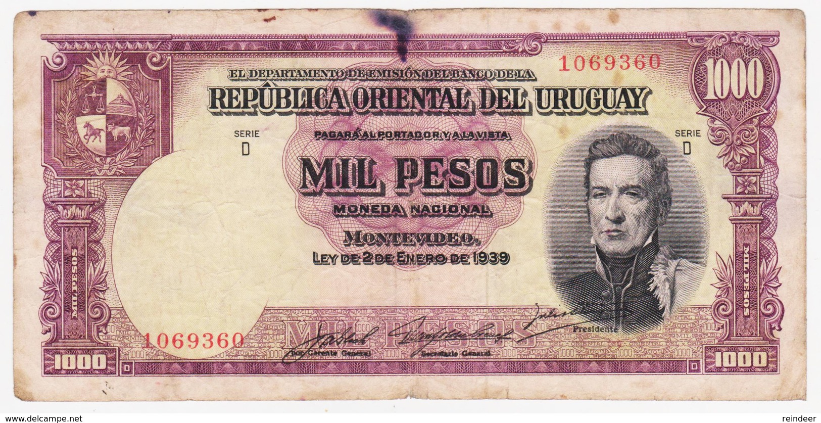 * URUGUAY: 1000 Pesos (1939) VF Pick#41c - Uruguay