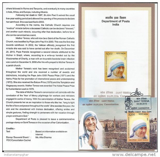 Saint Mother Teresa India Brouchre First Day Cancelled With Mother Teresa Miniature Sheet, Inde, India - Mother Teresa