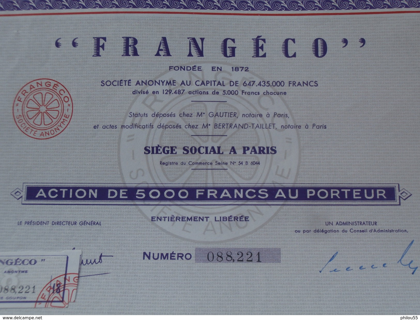 PARIS Action De 5000Frs "FRANGECO " - Chemin De Fer & Tramway