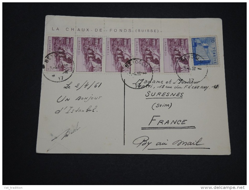 TURQUIE - Bande De 5 Timbres Avec Bord De Feuille  " La Chaux De Fonds Suisse" Pour La France En 1961 - A Voir - L 2254 - Lettres & Documents
