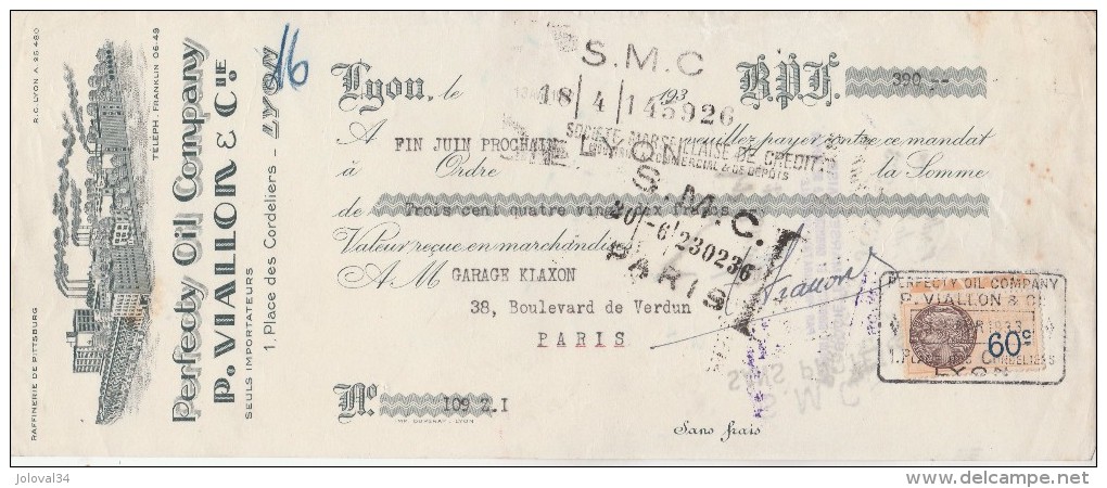 Lettre Change Illustrée 13/4/1933 P VIALLON Perfecty Oil Company LYON Rhône Pour Garage Klaxon Paris - Bills Of Exchange