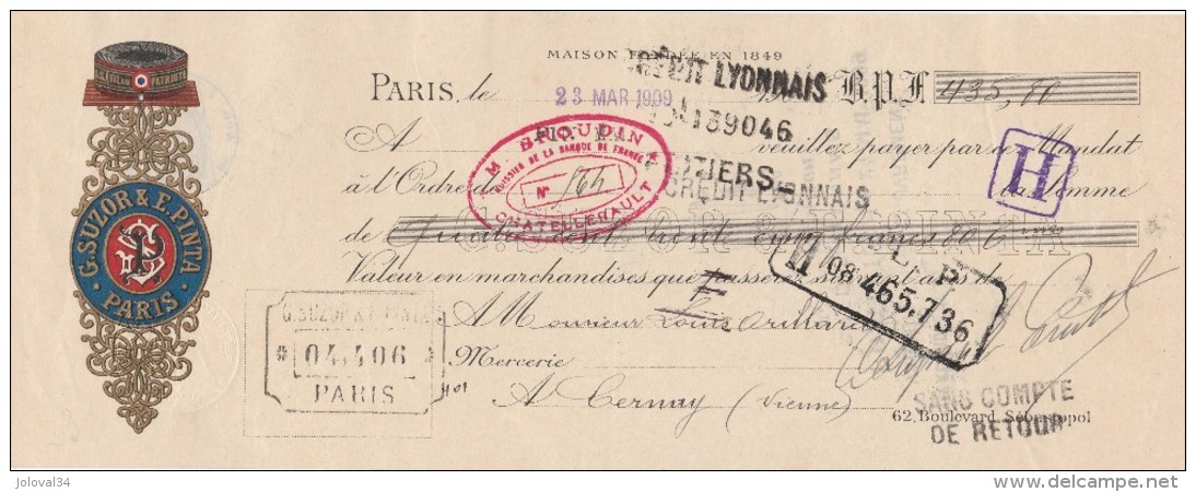 Lettre Change 23/3/1909 SUZOR & PINTA Fil Du Patriote PARIS Pour Cernay Vienne - Lettres De Change