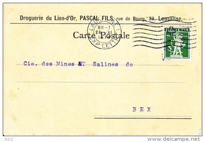 PERFORE SUR CARTE - MAISON " DROGUERIE DU LION-D'OR,PASCAL FILS - LAUSANNE - 1914- - Gezähnt (perforiert)