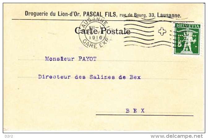 PERFORE SUR CARTE - MAISON " DROGUERIE DU LION-D´OR,PASCAL FILS - LAUSANNE - 1916-(4) - Perforadas