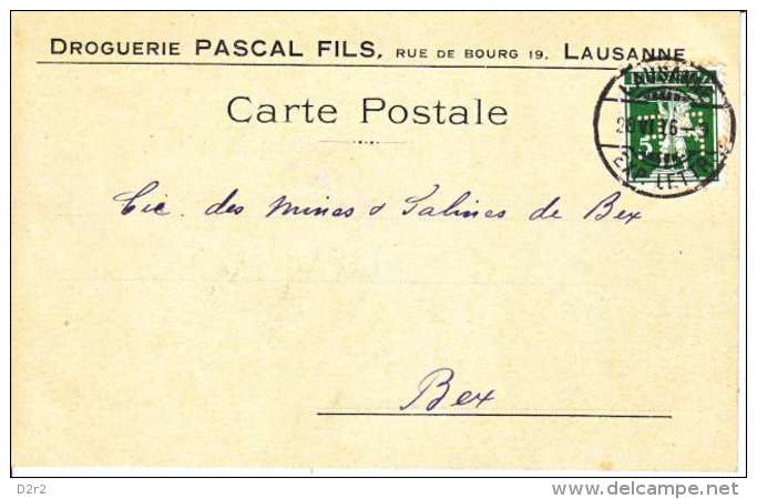 PERFORE SUR CARTE - MAISON " DROGUERIE DU LION-D´OR,PASCAL FILS - LAUSANNE - 1916-(5) - Perforés