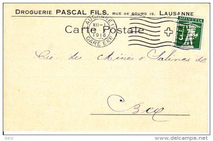 PERFORE SUR CARTE - MAISON " DROGUERIE DU LION-D´OR,PASCAL FILS - LAUSANNE - 1916-(8) - Perforés