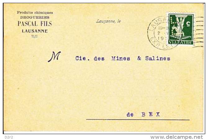 PERFORE SUR CARTE - MAISON " DROGUERIE DU LION-D´OR,PASCAL FILS - LAUSANNE - 1913-(12) - Perforadas