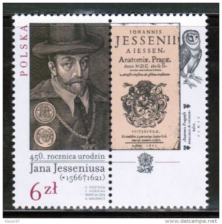 PL 2016 MI 4845 450th Anniversary Of The Birth Of John Jessenius - Ungebraucht